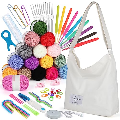 70 Pcs Crochet Kit with Yarns Crochet Hooks Canvas Tote Bag C7946