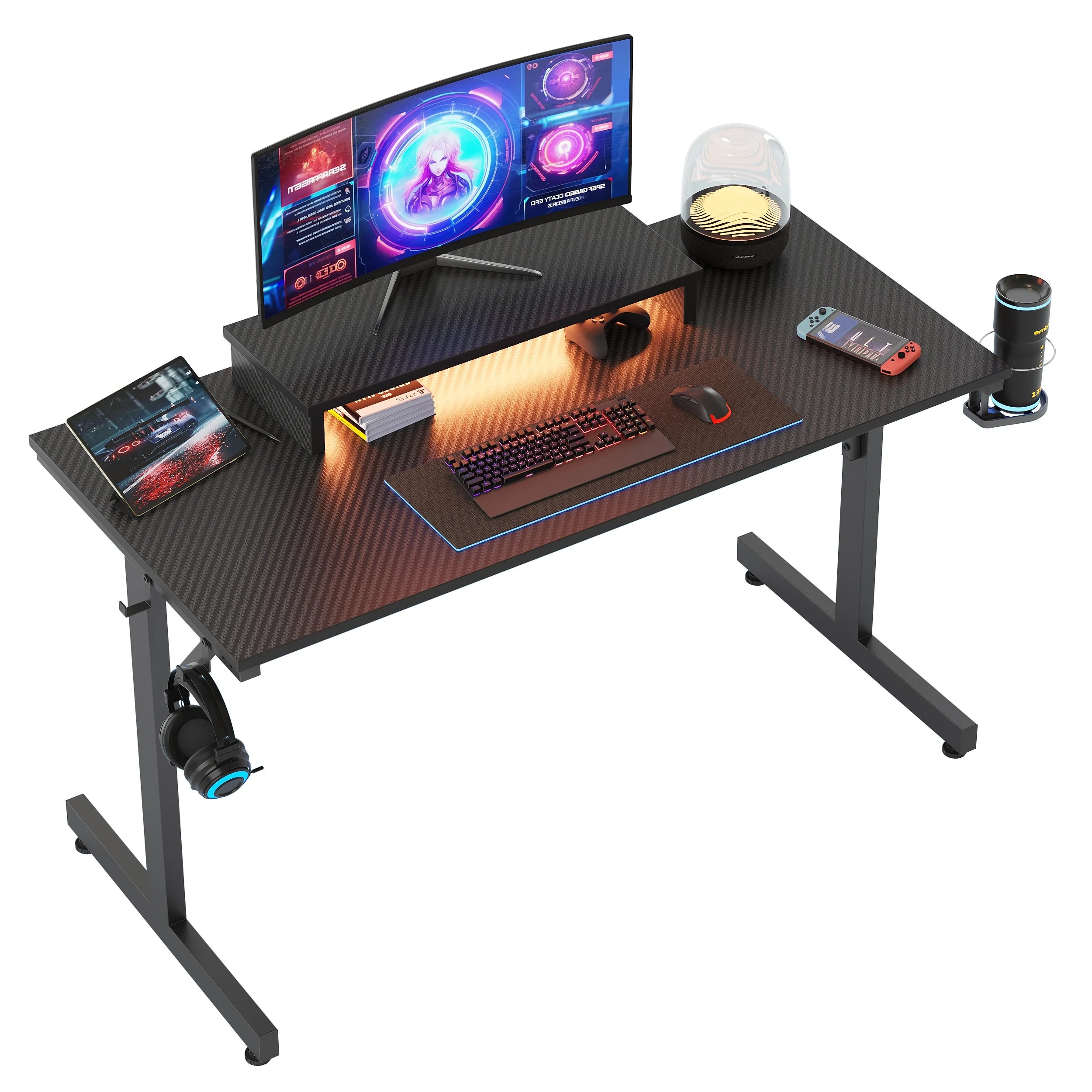 42" Gaming Desk with LED Lights, Monitor Stand, Headphone Hook, Cup Holder in Carbon Fiber Black V548677