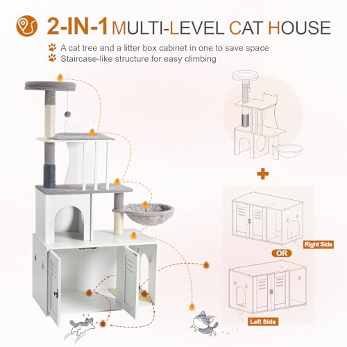 White 58.66’’ Wood Cat Tree with Litter Box Enclosure I809