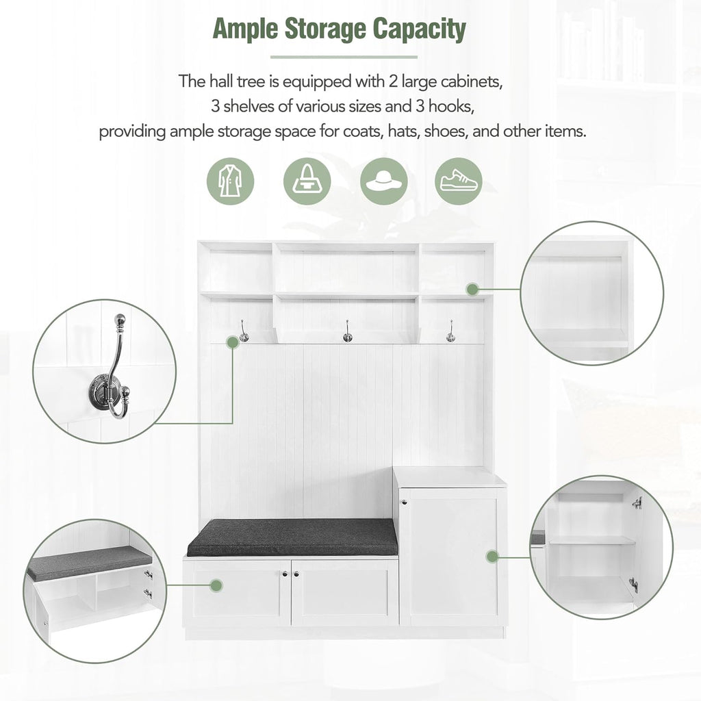 White Hall Tree with Cushion Bench and Shoe Storage J53576