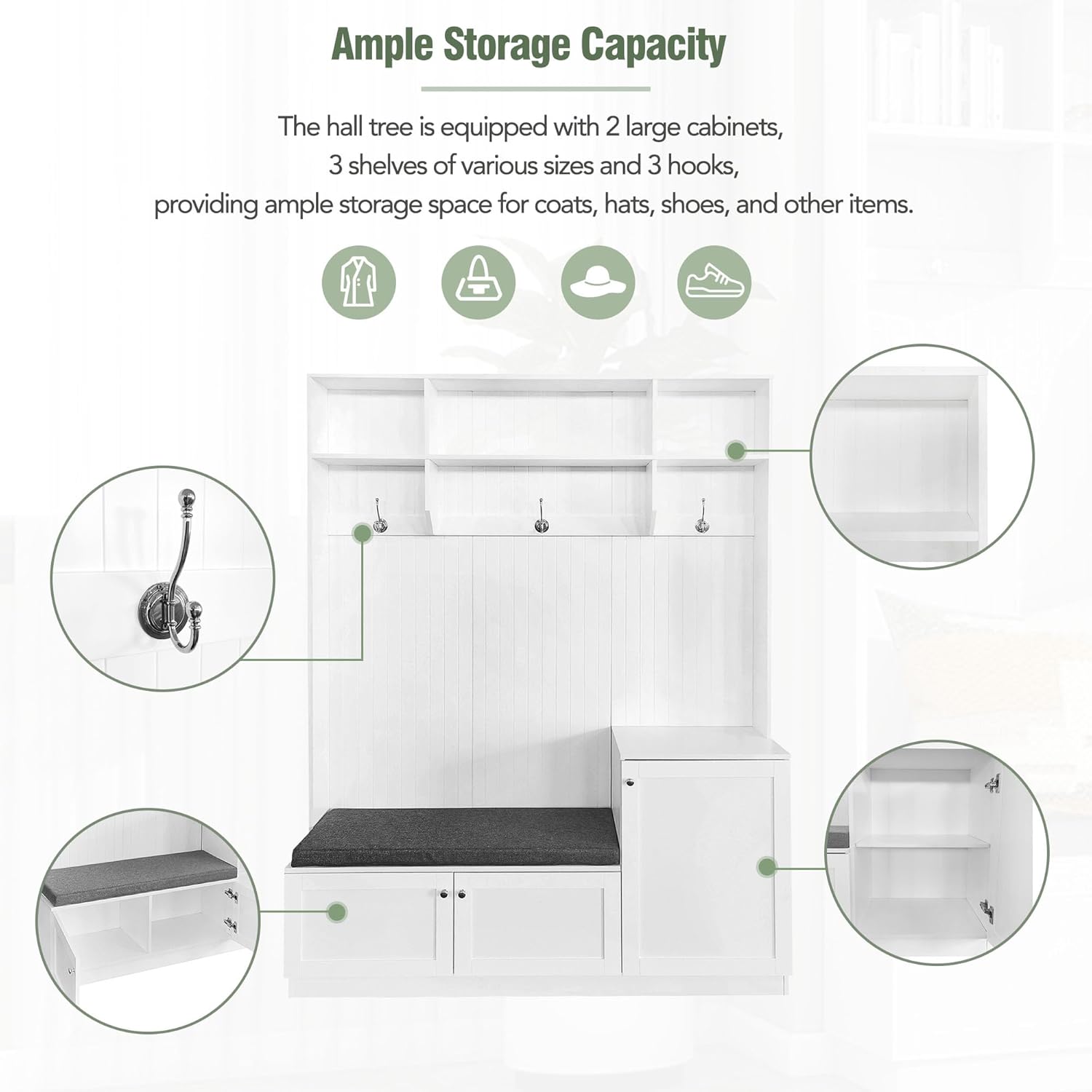 White Hall Tree with Cushion Bench and Shoe Storage J53576