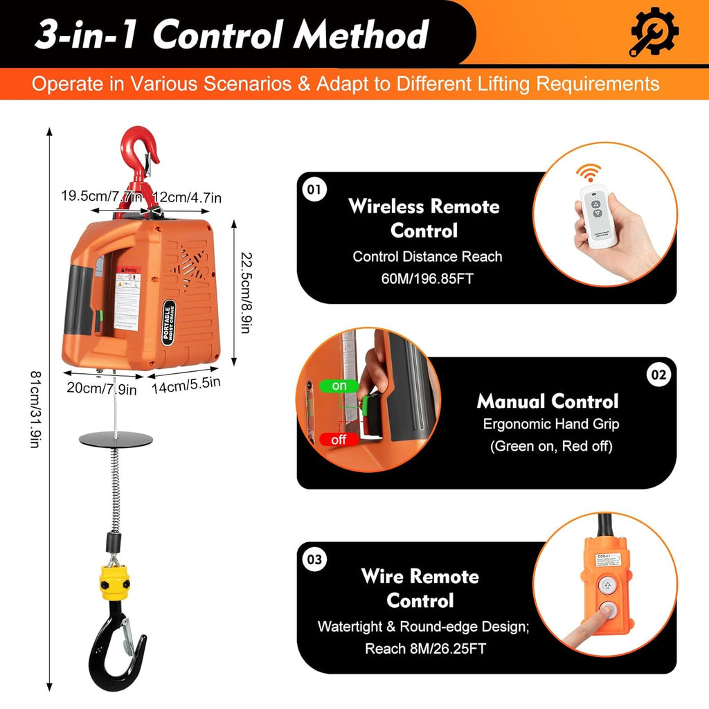 660LBS 110V 1500W Electric Hoist Winch with Wired and Wireless Remote Control Y255