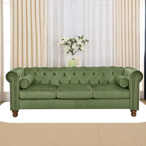 Green Velvet 3 Seater Sofa with 2 Pillows Y65780