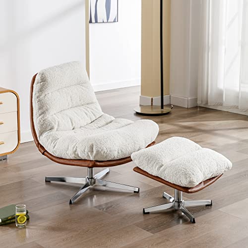 Ivory Linen Oversized Swivel Lounge Chair with Ottoman M246776