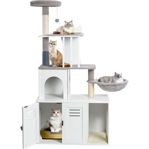 White 58.66’’ Wood Cat Tree with Litter Box Enclosure I809