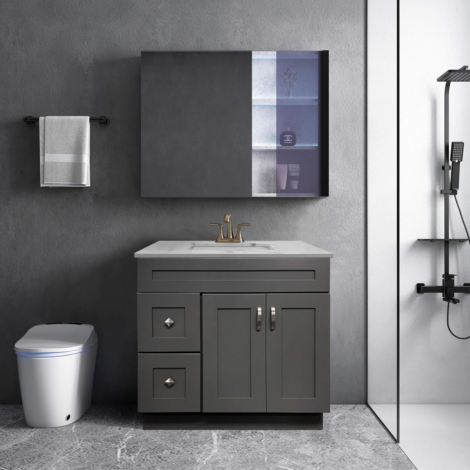 Gray Shaker Bathroom Vanity Sink Base with Drawers 36 in Cabinet N223
