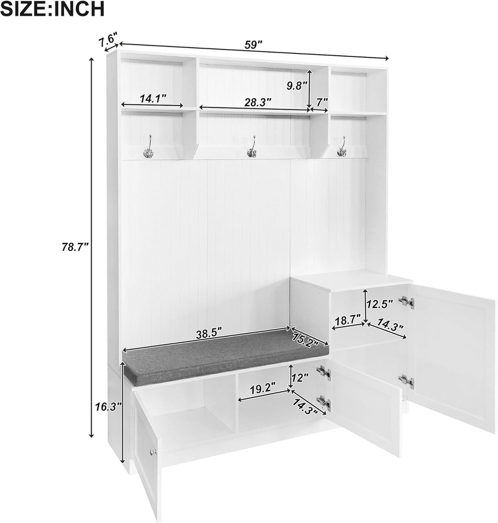 White Hall Tree with Cushion Bench and Shoe Storage J53576