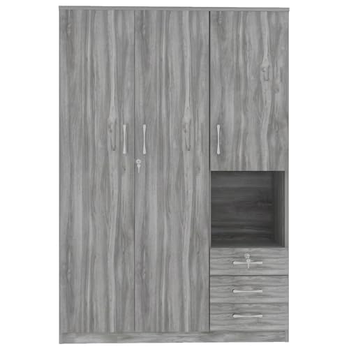 Grey Wooden Armoire Wardrobe with 6-Tier Shelves and 3 Drawers D33340