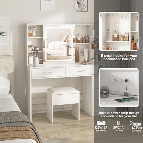 White Vanity Desk with Mirror and Lights 5 Drawers with Chair Y602
