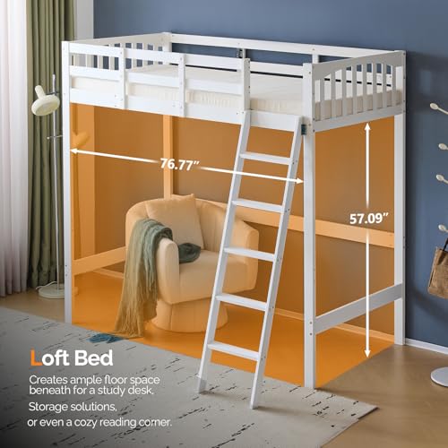 Twin Loft Bed with L-Shaped Desk and 3 Storage Drawers, Solid Wood, White K93929