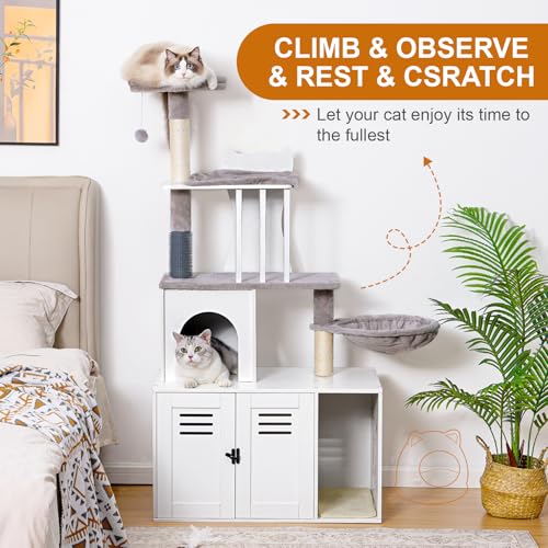 White 58.66’’ Wood Cat Tree with Litter Box Enclosure I809