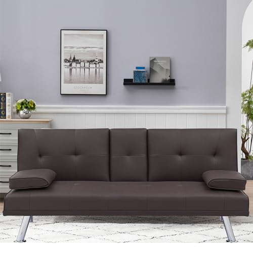 Brown Leather Double Folding Sofa Bed with 2 Cup Holders M5093