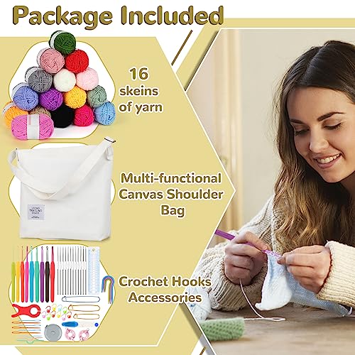 70 Pcs Crochet Kit with Yarns Crochet Hooks Canvas Tote Bag C7946