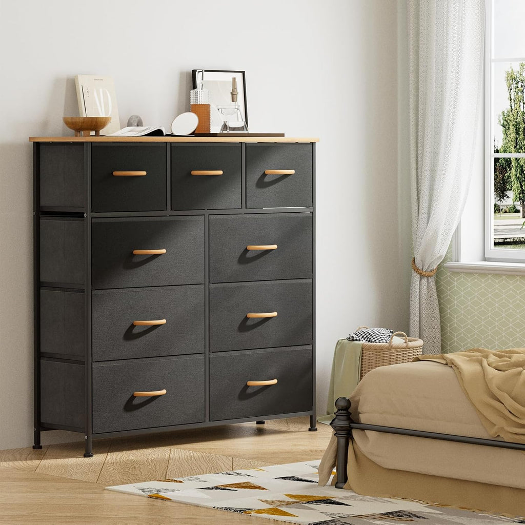 Black 9 Drawer Dresser with Steel Frame and Wood Top Q72060