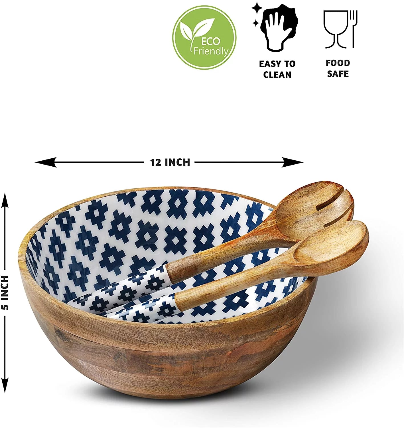 Mango Wood Salad Bowl with Serving Tongs L73656