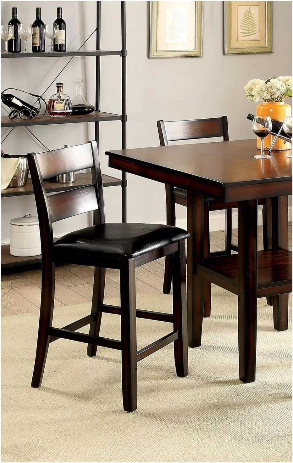 Brown Cherry Wooden Counter Height Dining Table with 4 High Chairs and Shelves P73375