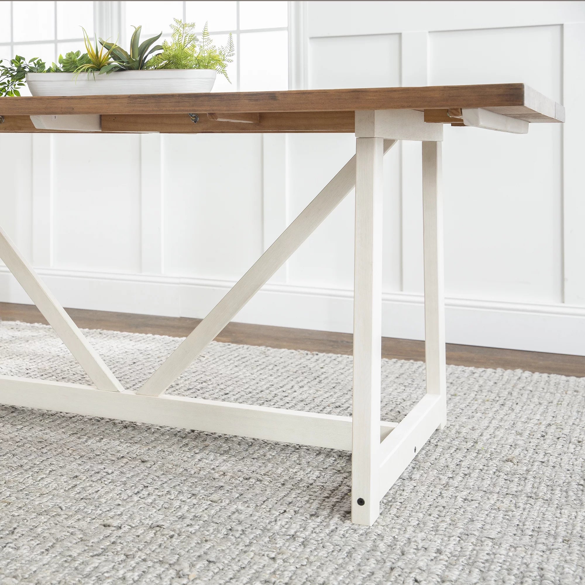 Rustic Oak/White Solid Wood Trestle Dining Table V266