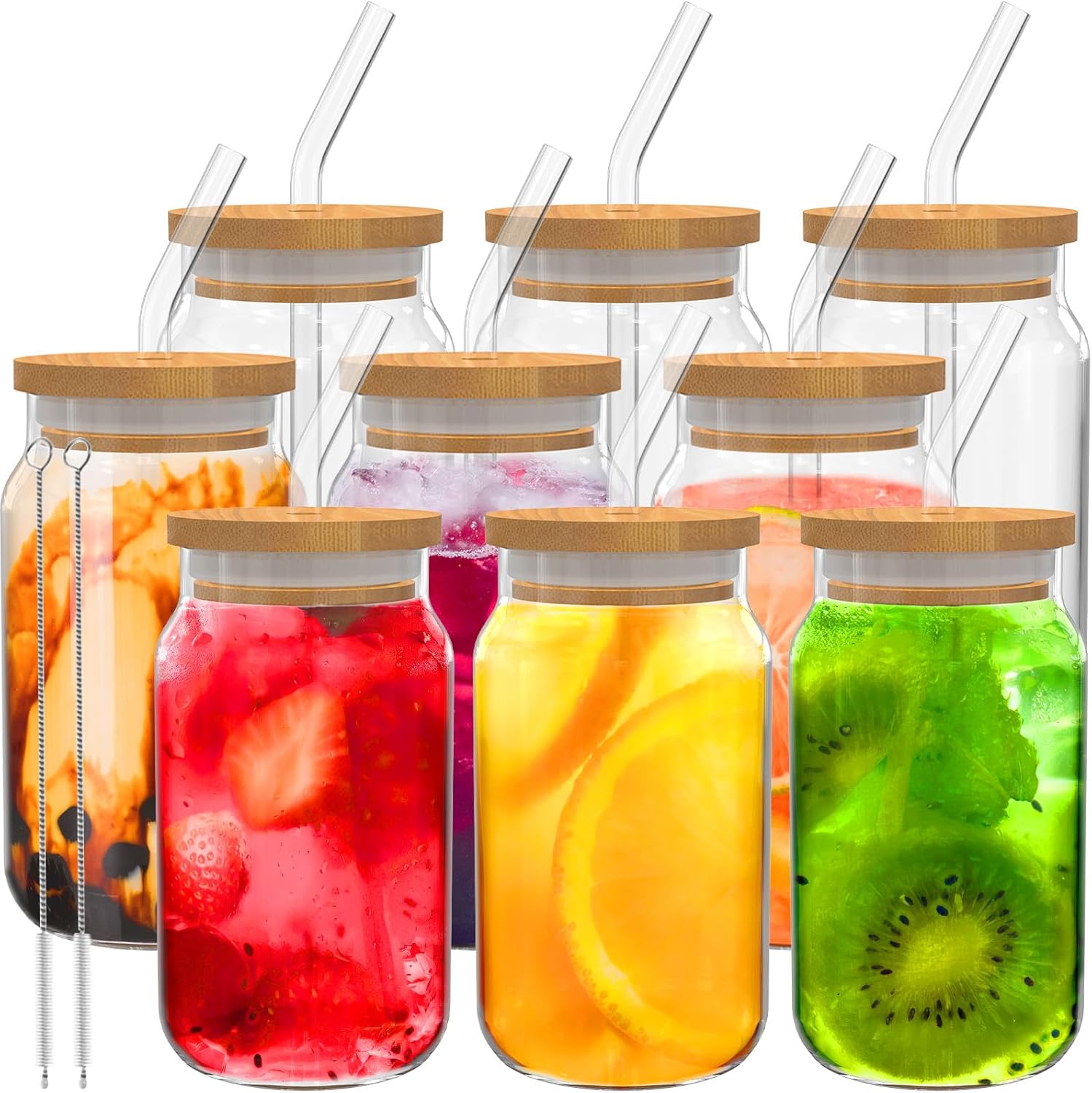 9pcs 16 oz Drinking Glasses with Bamboo Lids and Glass Straw X3799