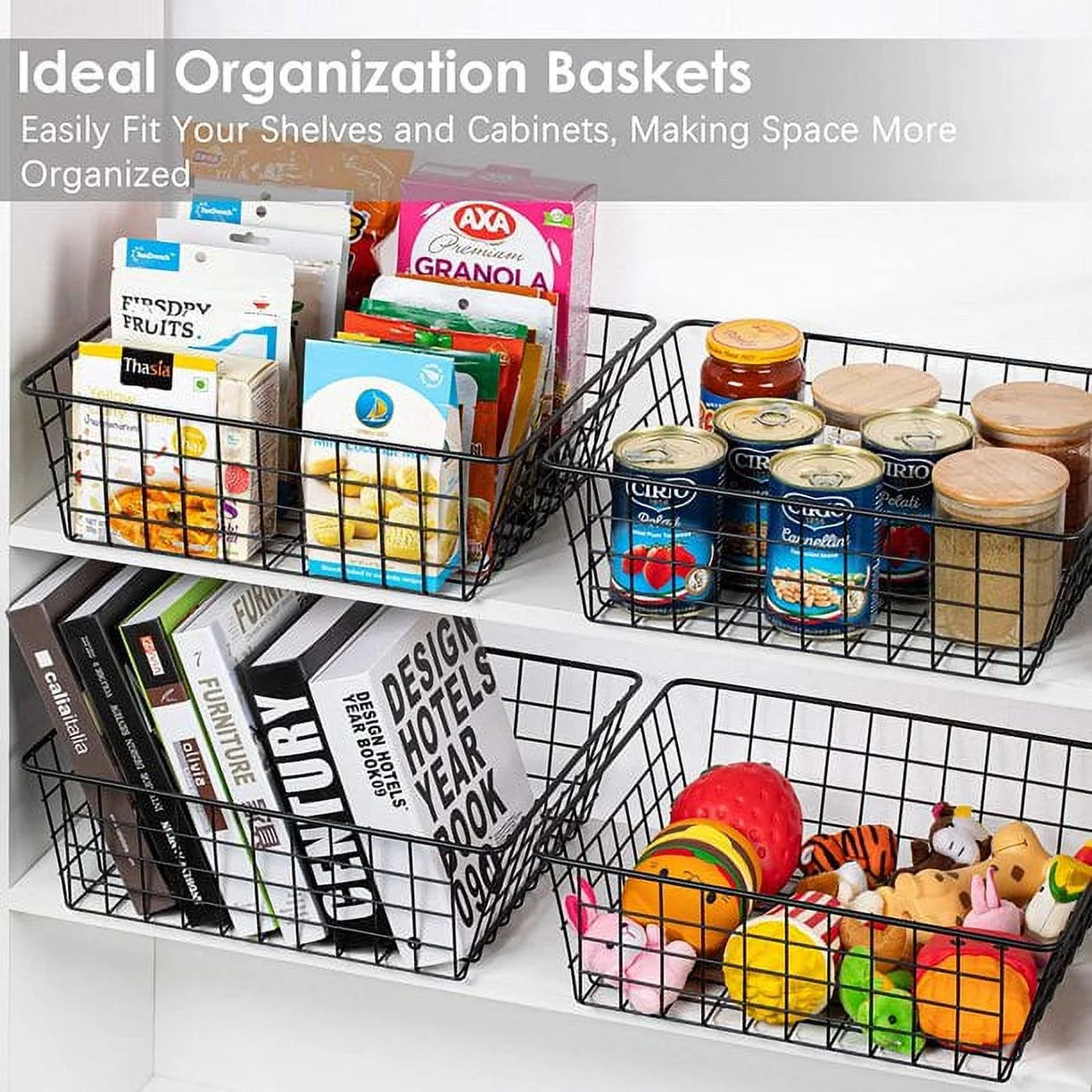 4 Pack Black Metal Wire Storage Baskets with Handles U980