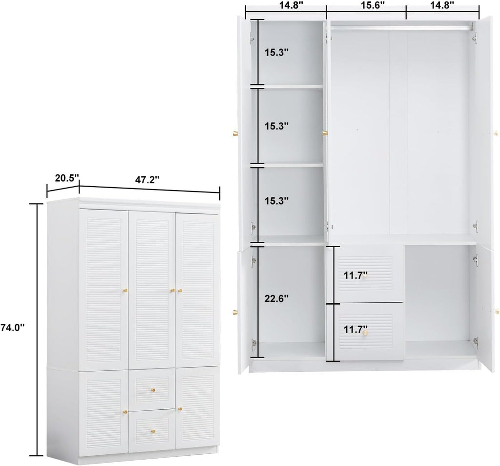 White 3 Door Wooden Armoire Wardrobe with 2 Drawers and Hanging Rod S72877