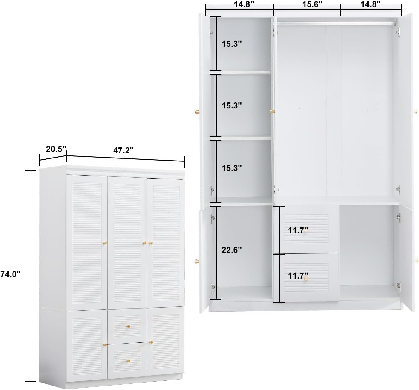White 3 Door Wooden Armoire Wardrobe with 2 Drawers and Hanging Rod S72877