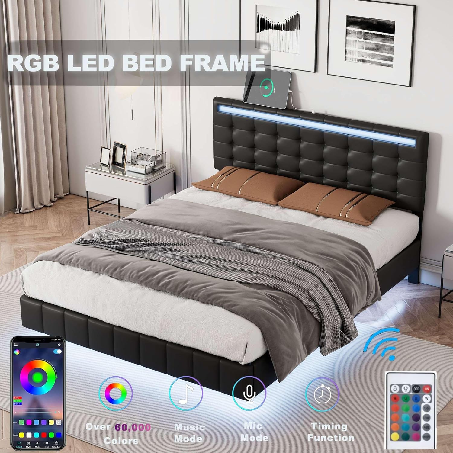 Full Size Floating Bed Frame with LED Lights and USB Charging P237258