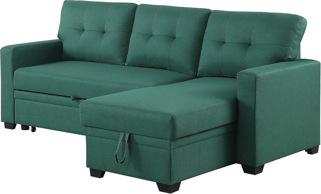 Green Upholstered Pull out Sectional Sofa with Chaise I391659