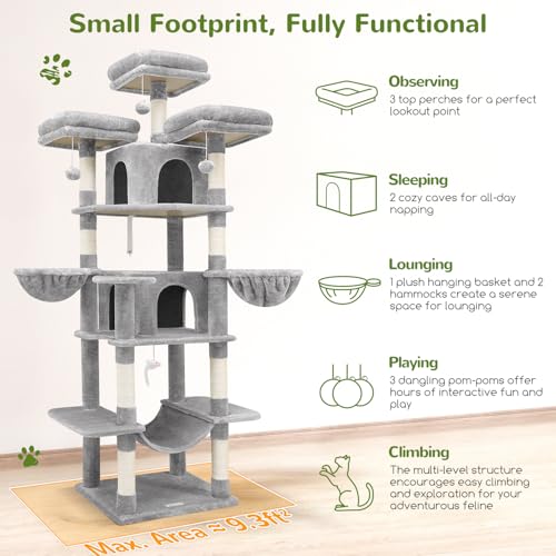 Light Grey 80inch Cat Tree with Scratching Post, Hammock, 3 Perches, 2 Condos, 2 Hanging Basket B841506