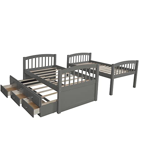 Twin Over Twin Solid Wood Bunk Bed with Storage Drawers and Trundle (Espresso) I26856