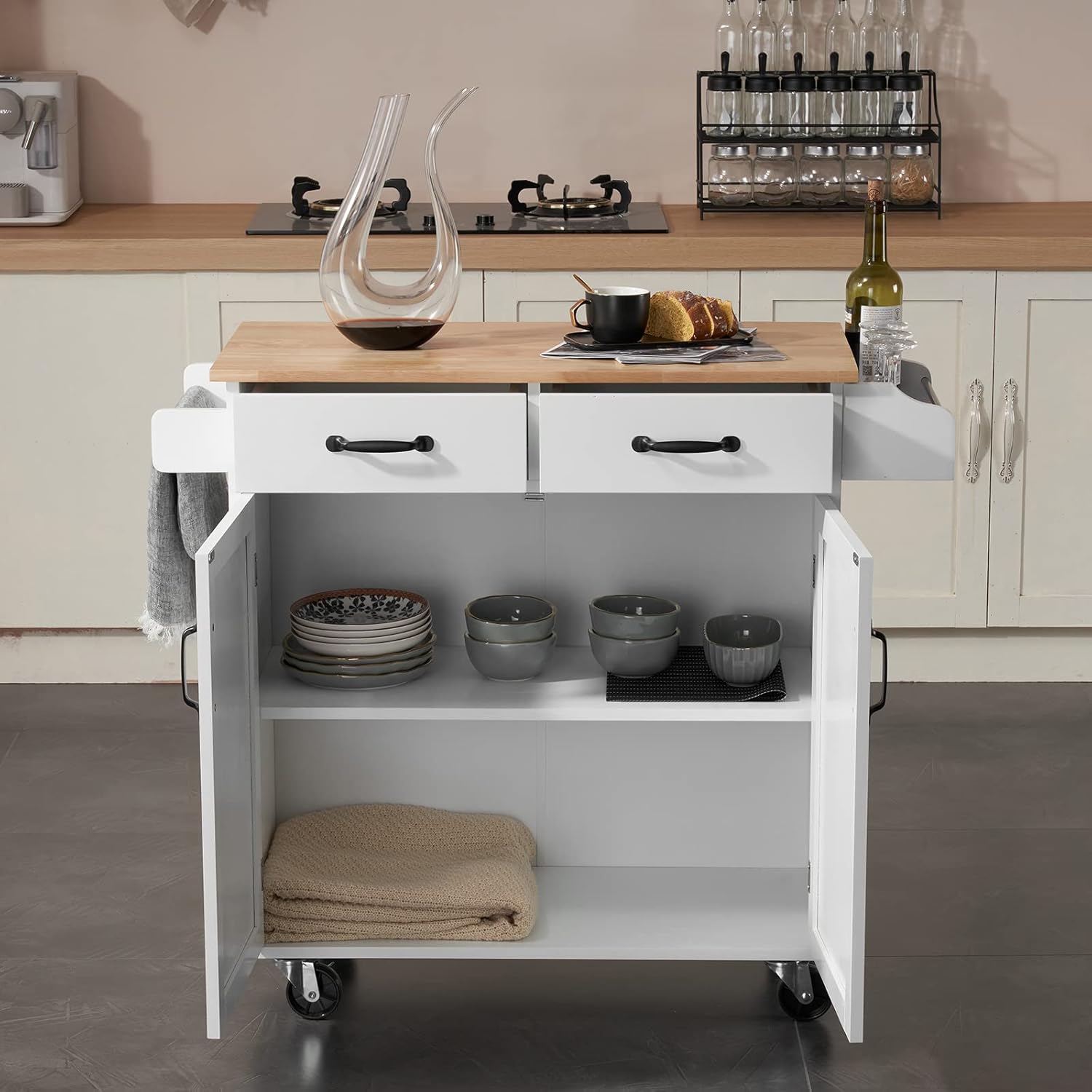 White Rubber Wood Top Rolling Kitchen Cart with Double Doors and Drawers J445248