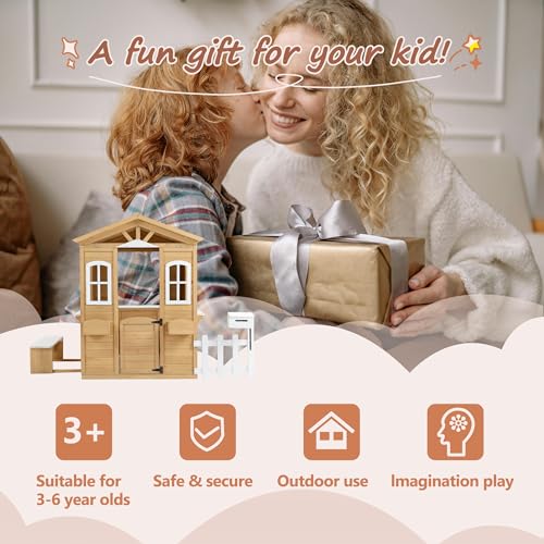 Wooden Playhouse with Window, Mailbox, Picnic Bench, Fenced, 39" x 38" x 55.5" C423489