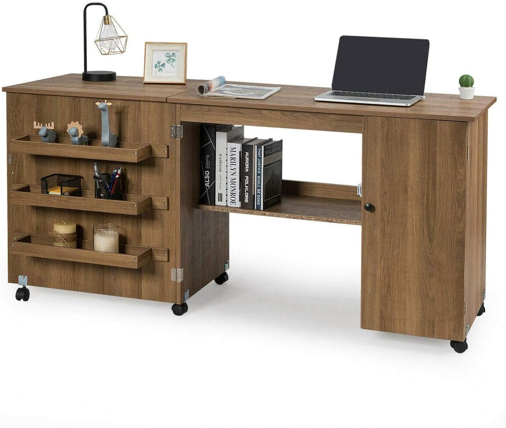 Folding Sewing Craft Table with Storage Cabinet and Wheels Natural O121