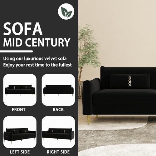 85 in 3-Seat Velvet Couch with Solid Wood Frame, 2 Pillows, Gold Legs Q25644