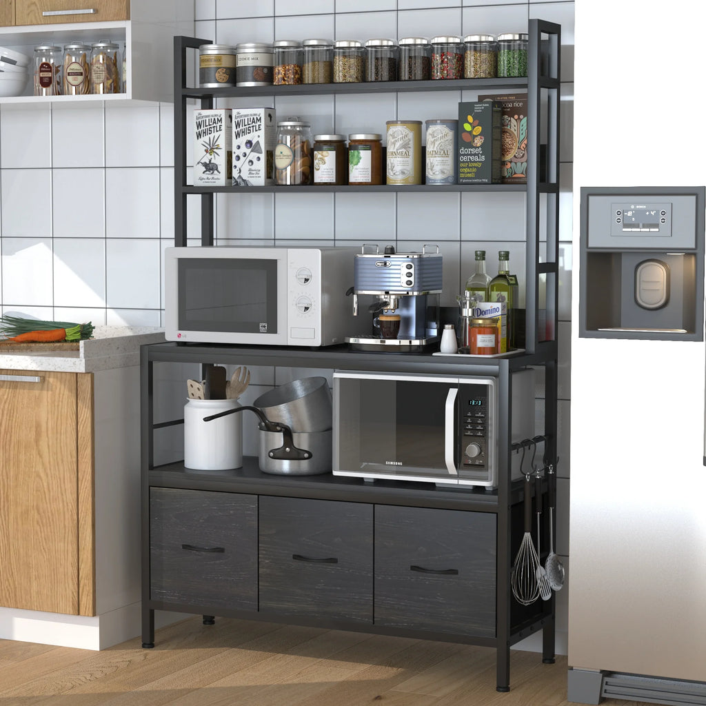 5-Tier Black Wood Kitchen Storage Shelf with Baskets and Hooks T8440