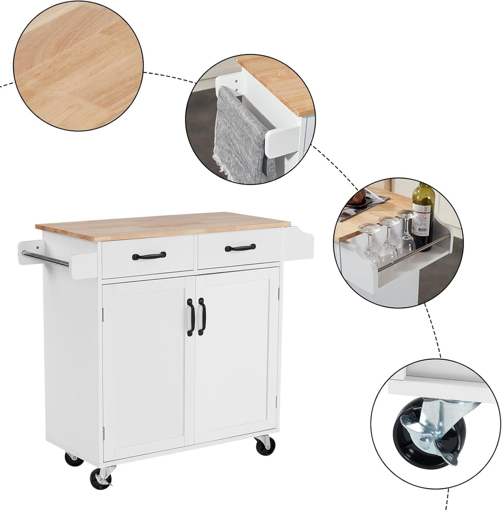 White Rubber Wood Top Rolling Kitchen Cart with Double Doors and Drawers J445248