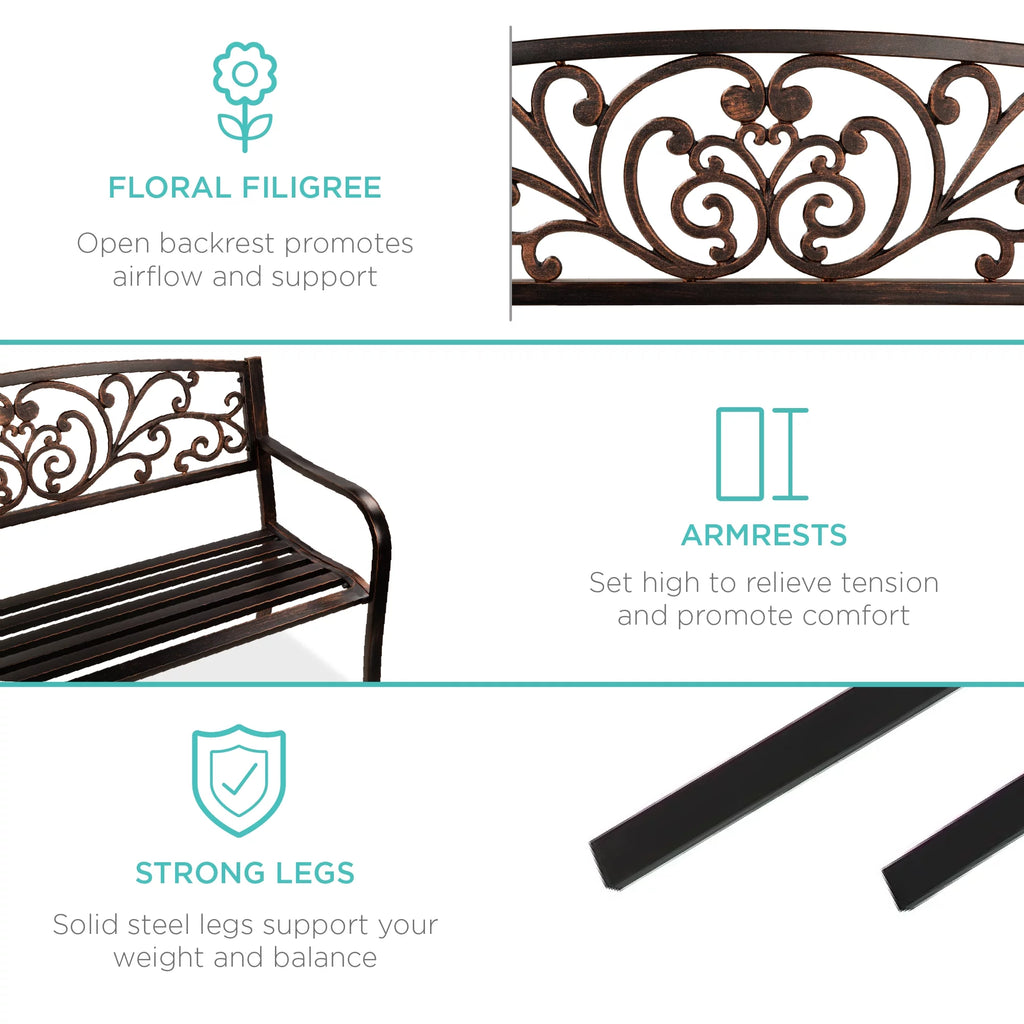 Brown Outdoor Steel Bench with Floral Design Backrest V38910