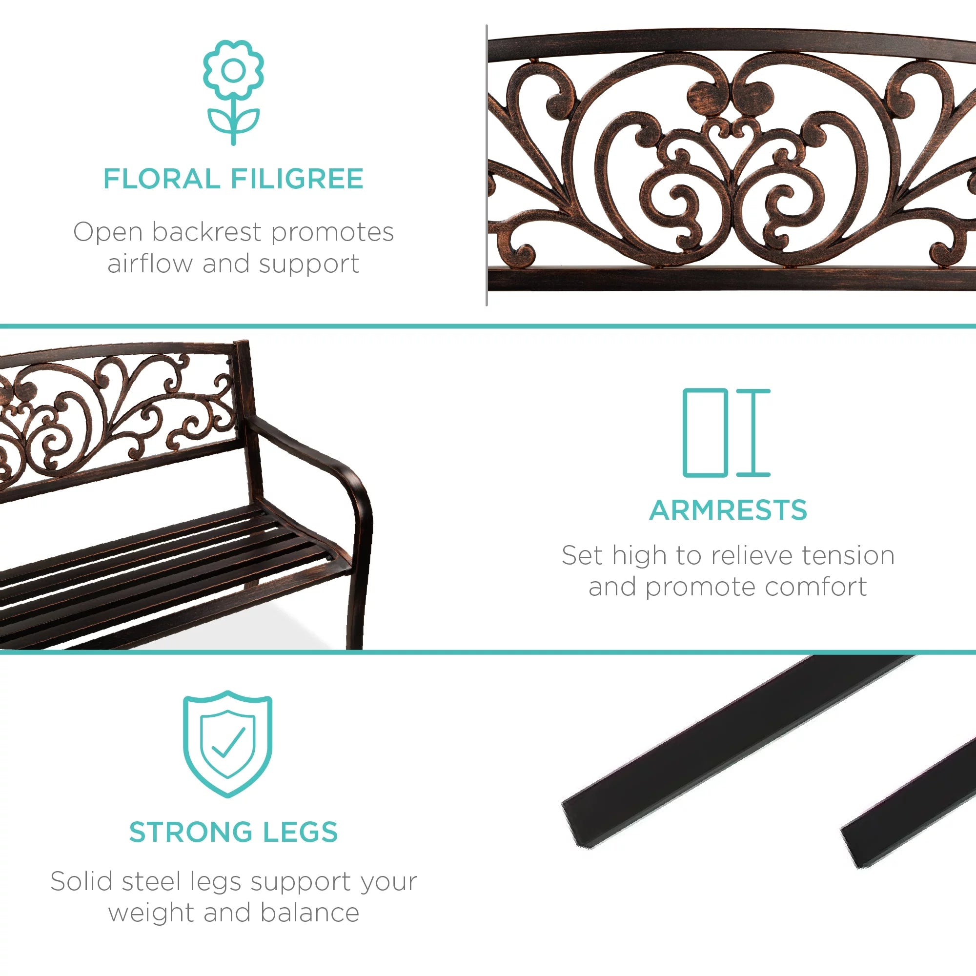 Brown Outdoor Steel Bench with Floral Design Backrest V38910