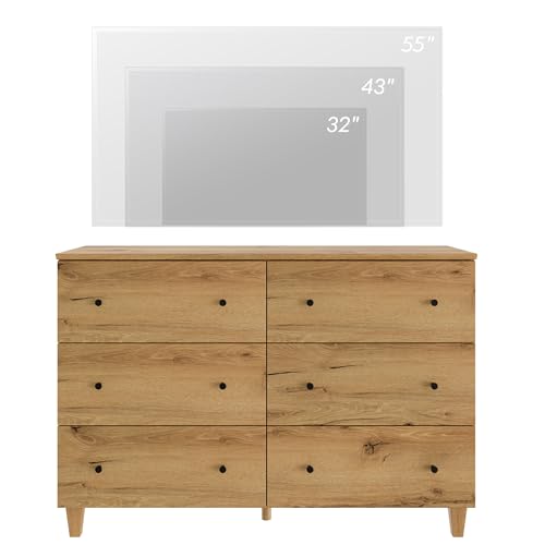 Oak Brown 6 Drawer TV Stand with 1 End Table 2 Drawers Charging Station 2 Pieces Wood Furniture Set H7531