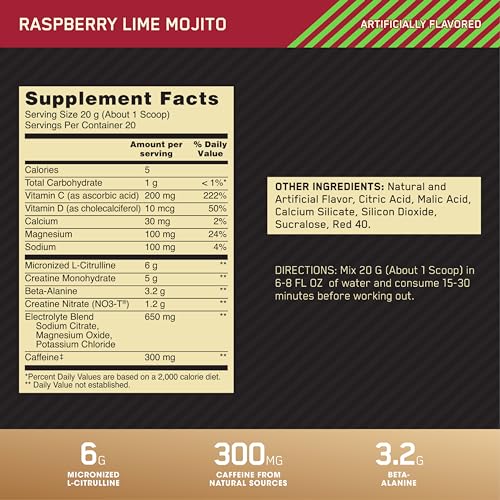 Pre Workout Advanced with Creatine, Beta-Alanine, L-Citrulline and Caffeine, Berry Blast, 20 Servings U882