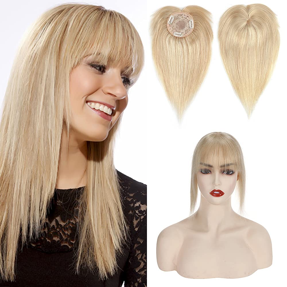 100% Real Human Hair Topper with Wispy Bangs Mono Base Crown Topper C41364