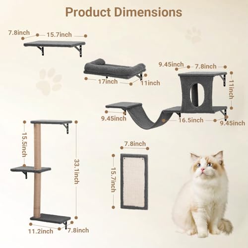 5-in-1 Wooden Cat Wall Shelves Set with Scratching Post C8174
