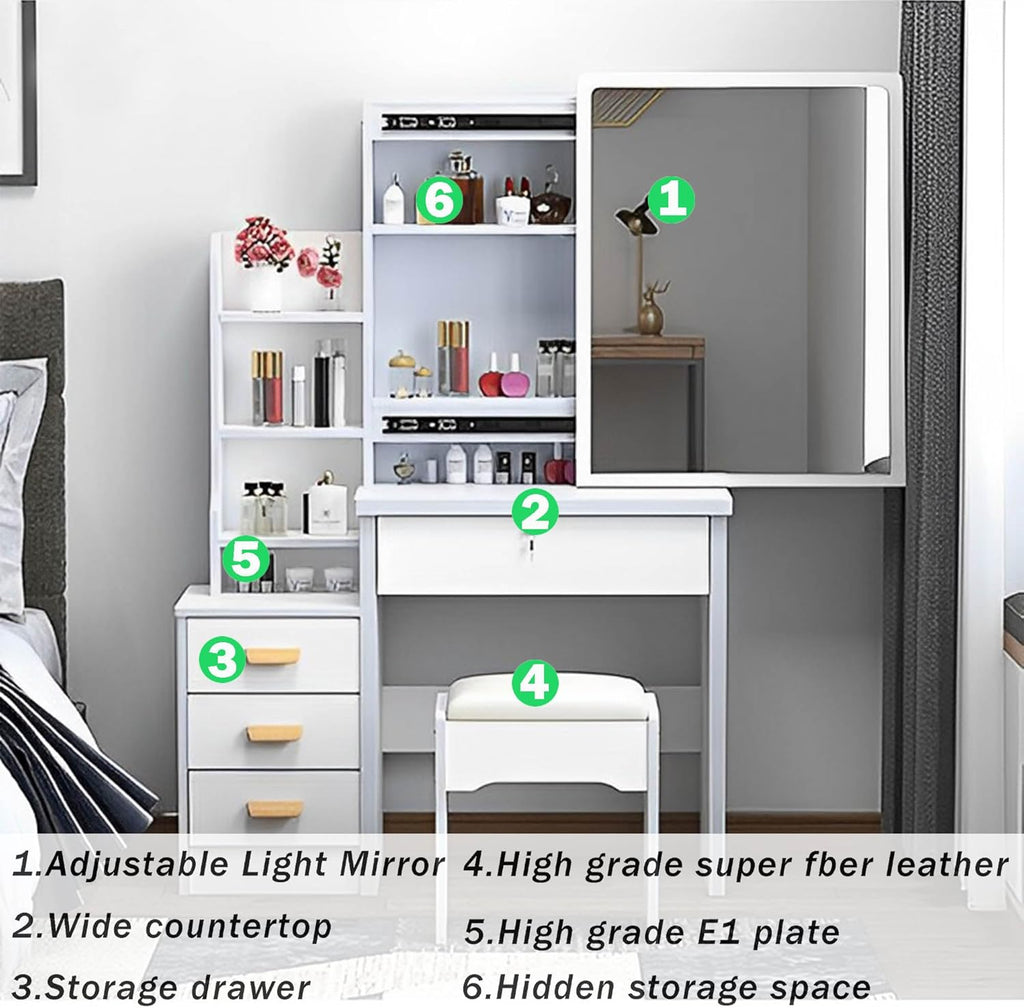 White Vanity Desk with Mirror and Lights, Drawers and Shelves, 3 Color Lighting Adjustable, Stool B354867