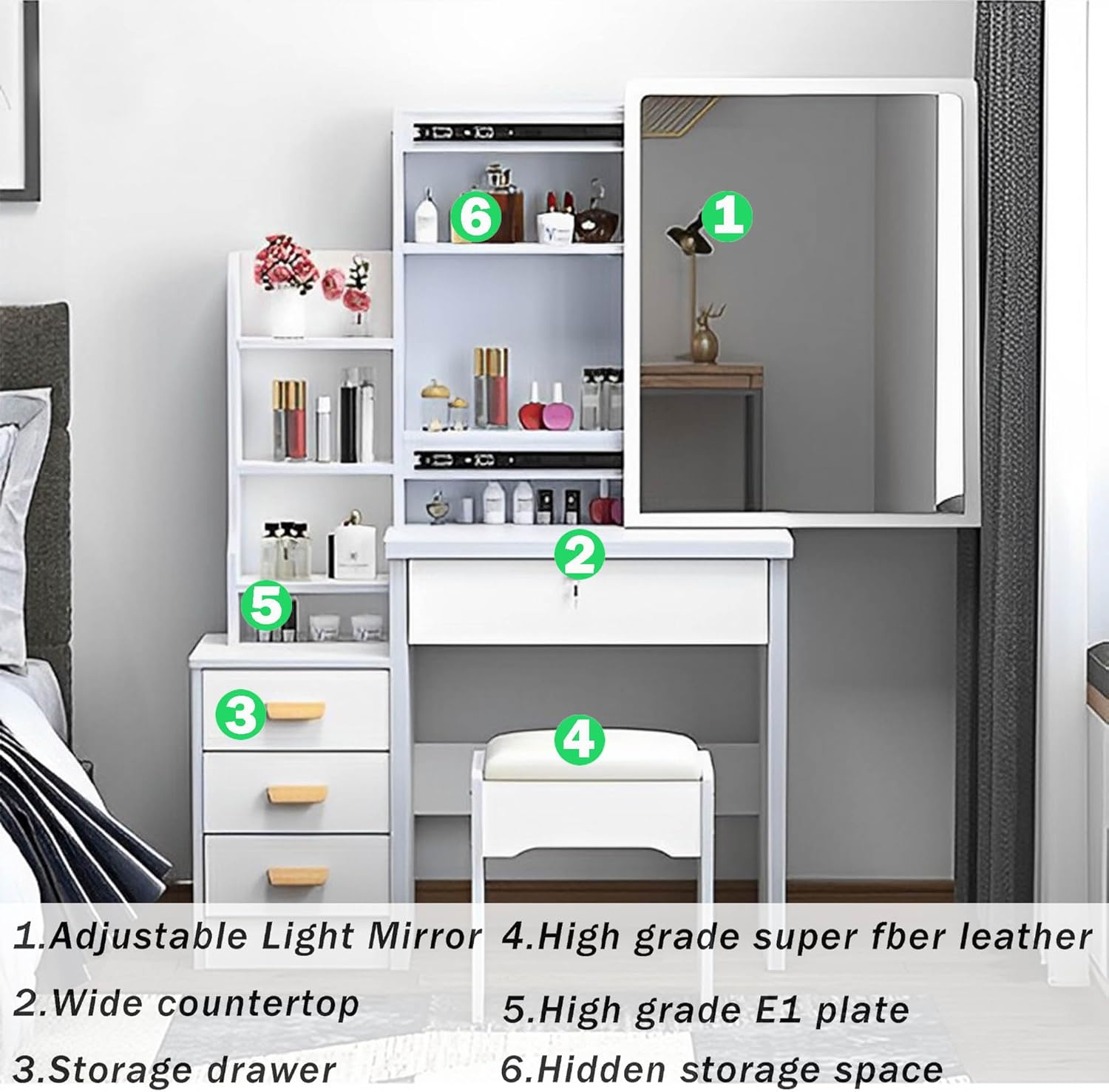 White Vanity Desk with Mirror and Lights, Drawers and Shelves, 3 Color Lighting Adjustable, Stool B354867