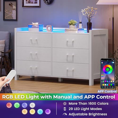 White 6 Drawer Wood Dresser with LED Lights Q132503
