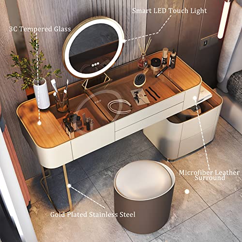 Vanity Desk Mirror and Lights, Dressing Table & Flexible Side Cabinet & Makeup Stool, Wood Frame Leather Finish Glass Top (47in) S691087