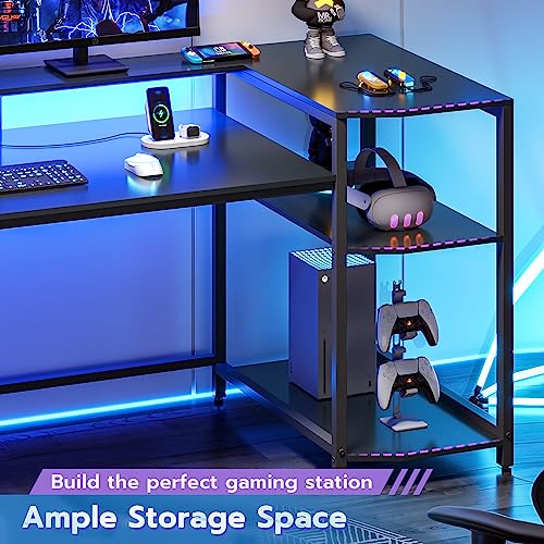Black Gaming Desk with LED Lights and Storage Shelves E692046