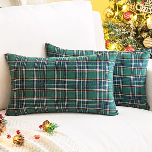 Pack of 2 Green Plaid Decorative Throw Pillow Covers, 20 x 20 Inches H31298