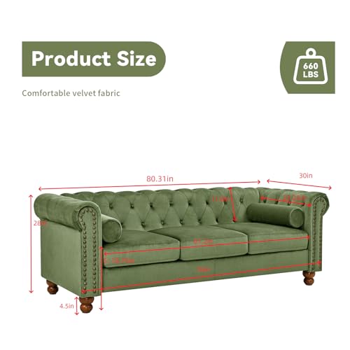 Green Velvet 3 Seater Sofa with 2 Pillows Y65780