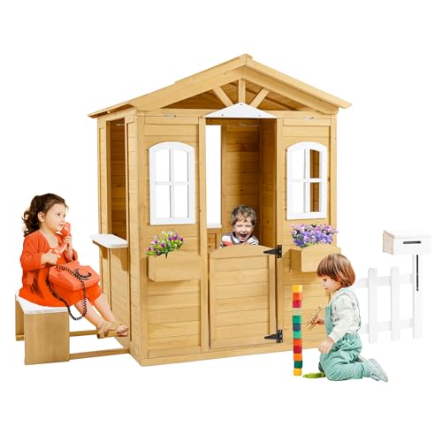 Wooden Playhouse with Window, Mailbox, Picnic Bench, Fenced, 39" x 38" x 55.5" C423489