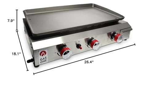 26 In Flat Top Gas Grill with 3 Burners – Stainless Steel Tabletop with Pre Season Griddle F304208